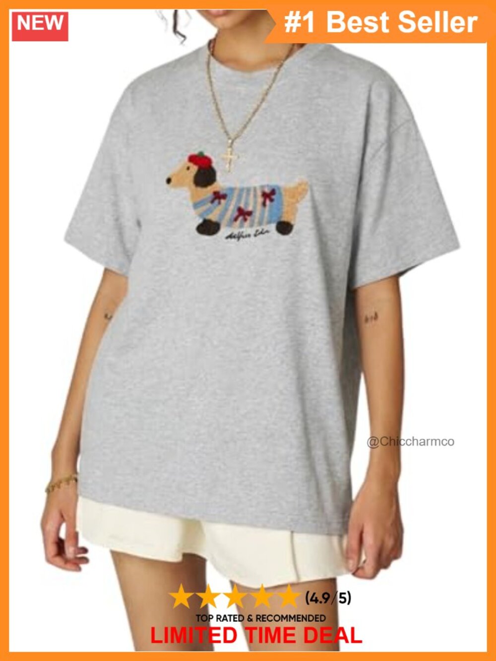 Oversized Graphic Tee Dog Embroidery Crewneck Short Sleeve Cotton Top